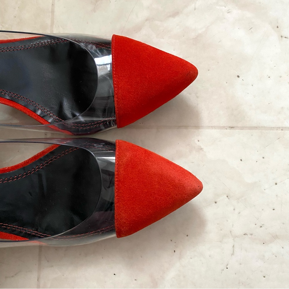 $340 Sandro Orange Suede Clear Vinyl Pointed Toe Pumps Heels Size 9.5/40 - Picture 9 of 14